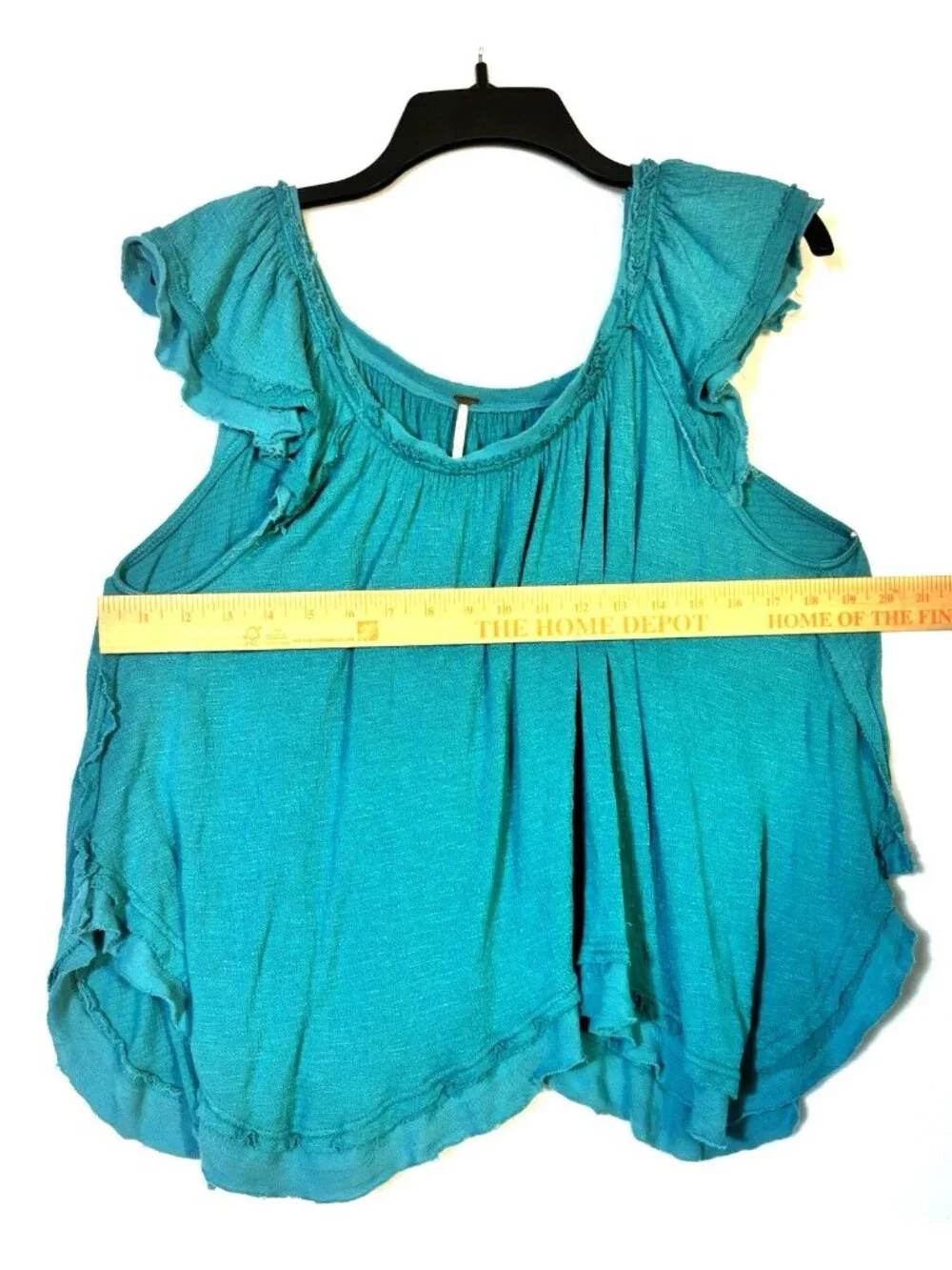 Free People Teal Aqua Blue Top Flutter Sleeve Gauze Frayed Ruffle Distressed XS